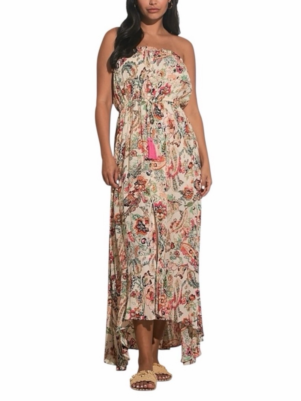 Elan Strapless Maxi Dress Tassel Drawstring Floral Boho Pink Beige XL NWT